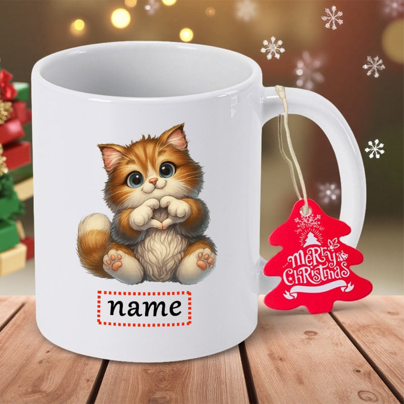 Tailorly White Ceramic 11 oz Mug - Name Merry Christmas Adorable Ginger Kitten Sitting And Making A Heart With Paws Kitten