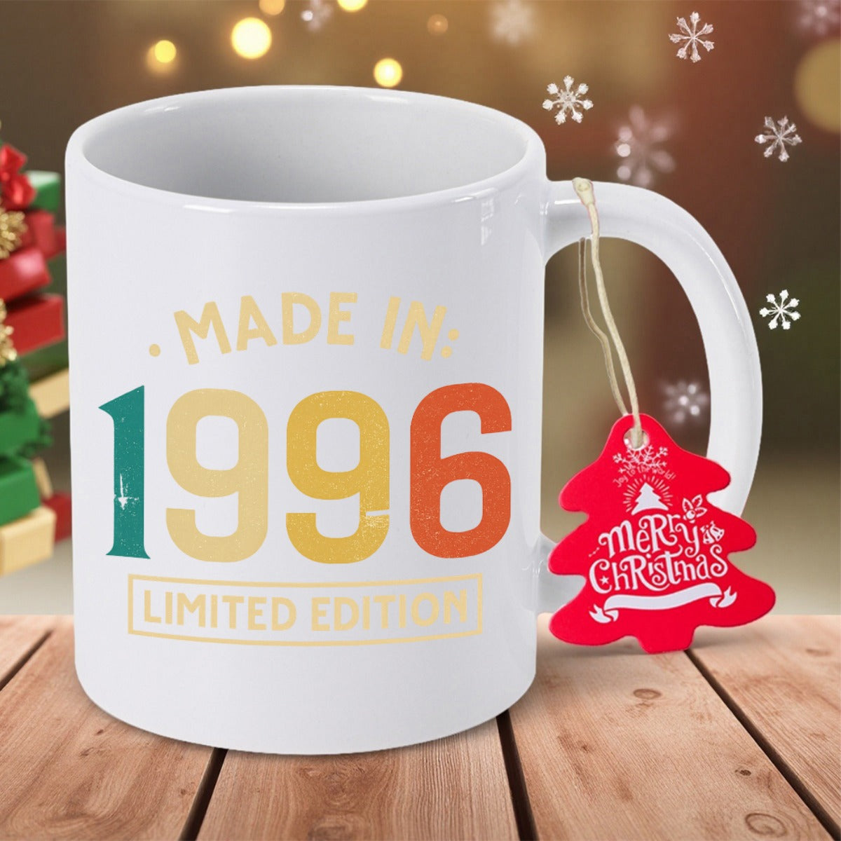 Tailorly White Ceramic 11 oz Mug - Made In 1996 Limited Edition Merry Christmas Retro Colorful Anniversary Year Design Printed On A Classic Ceramic