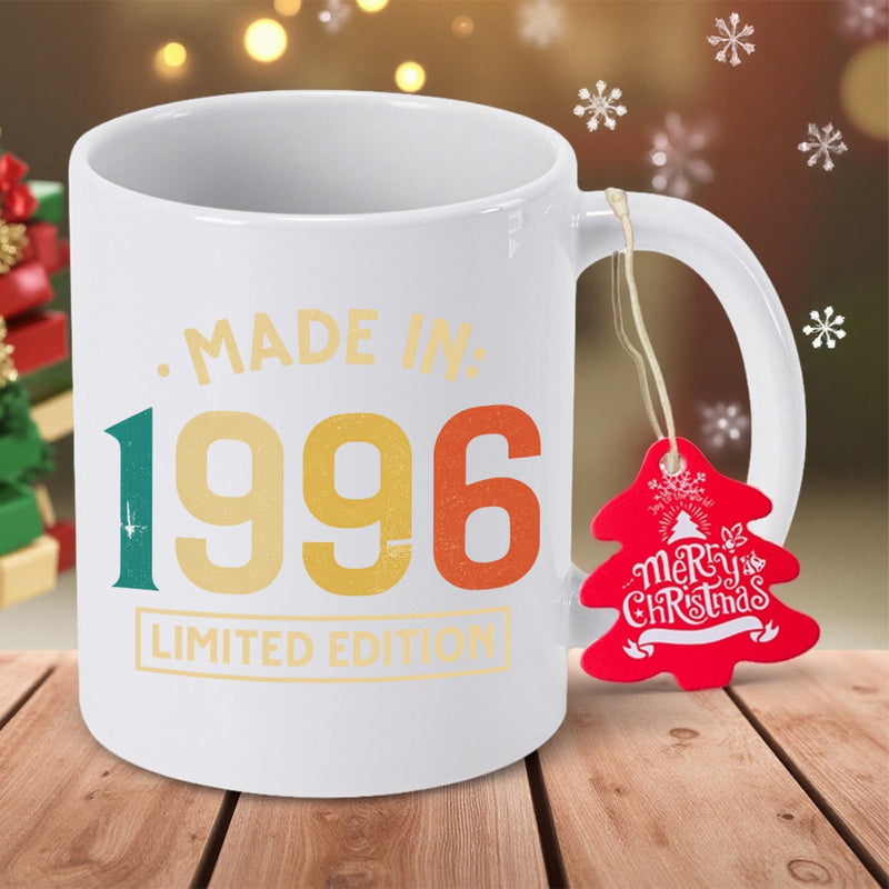 Tailorly White Ceramic 11 oz Mug - Made In 1996 Limited Edition Merry Christmas Retro Colorful Anniversary Year Design Printed On A Classic Ceramic