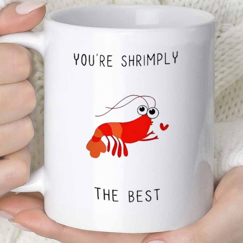 Tailorly White Ceramic 11 oz Mug - Youre Shrimply The Best Cute Cartoon Red Shrimp With Googly Eyes And Tiny Heart Shrimp