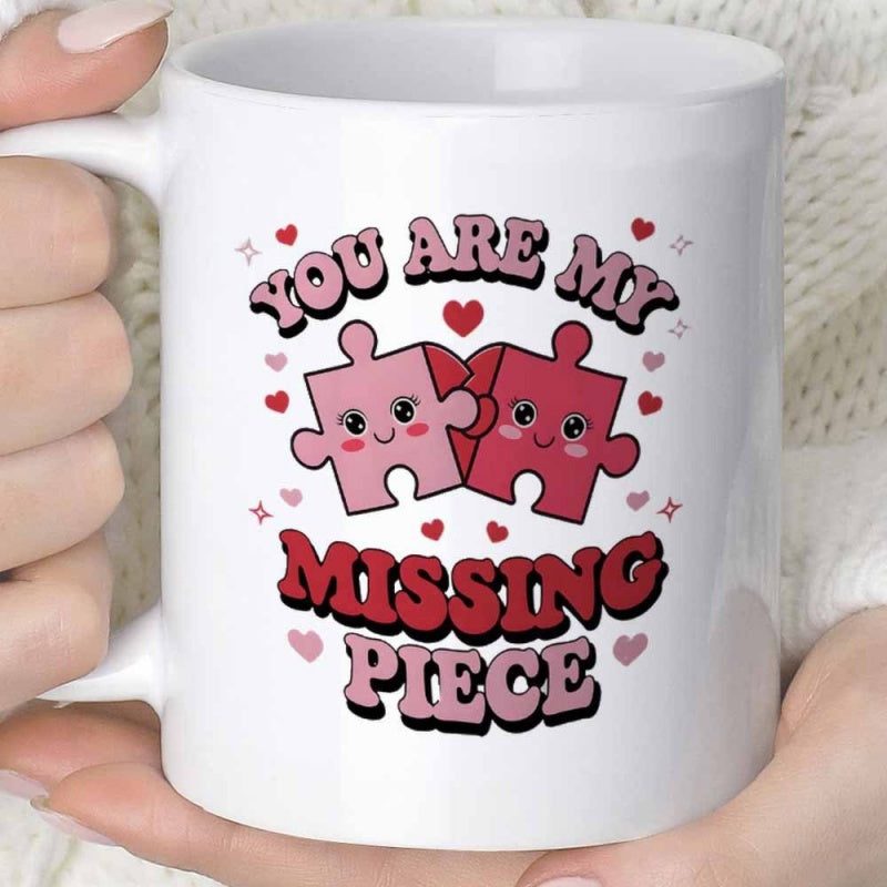 Tailorly White Ceramic 11 oz Mug - You Are My Missing Piece Two Adorable Pink And Red Cartoon Hearts Connecting Together In Love Puzzle Piece
