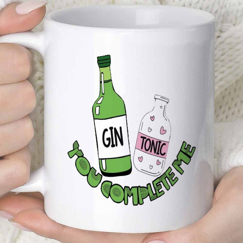 Tailorly White Ceramic 11 oz Mug - Gin Tonic You Complete Me Cartoon Style Green Gin And Heart Patterned Tonic Glass Bottle