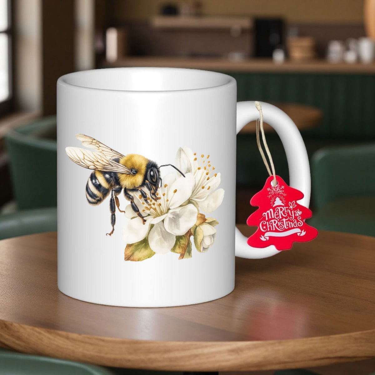 Tailorly White Ceramic 11 oz Mug - Merry Christmas Detailed Realistic Honey Bee Landing On Delicate White Spring Blossom Bee