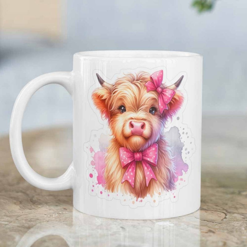 Tailorly White Ceramic 11 oz Mug - Adorable Shaggy Highland Calf Wearing Charming Pink Ribbons And Polka Dot Bows Cow