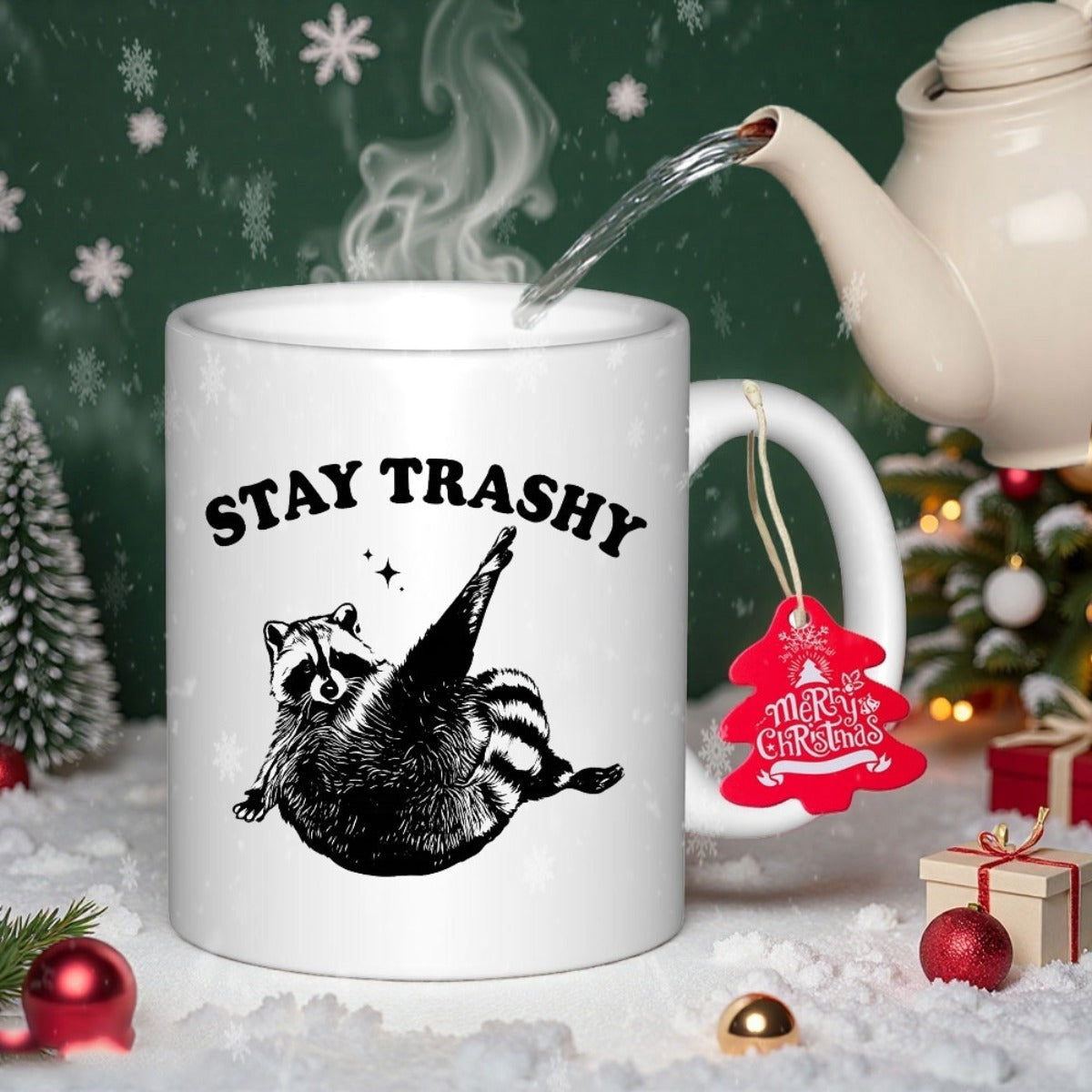 Tailorly White Ceramic 11 oz Mug - Stay Trashy Playful Hand Drawn Animal Lying On Back With Legs Raised High Raccoon