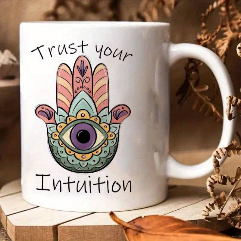 Tailorly White Ceramic 11 oz Mug - Trust Your Intuition Ornate Colorful Hand Symbol With Mystical Eye And Delicate Pastel Patterns Hamsa