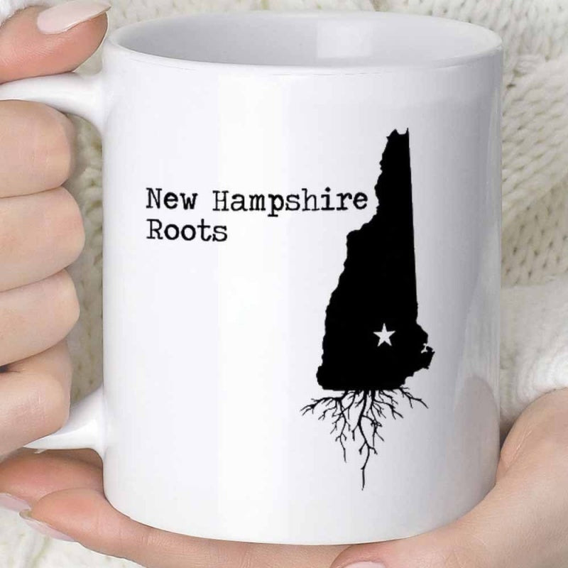 Tailorly White Ceramic 11 oz Mug - New Hampshire Roots Solid Black State Silhouette With Intricate Roots And Tiny Star Map