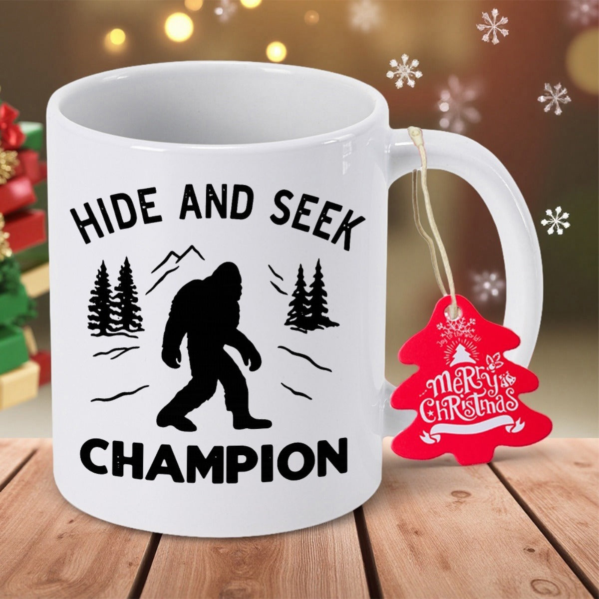 Tailorly White Ceramic 11 oz Mug - Hide And Seek Champion Silhouette Walking Through Pine Trees And Snowy Mountain Peaks Bigfoot