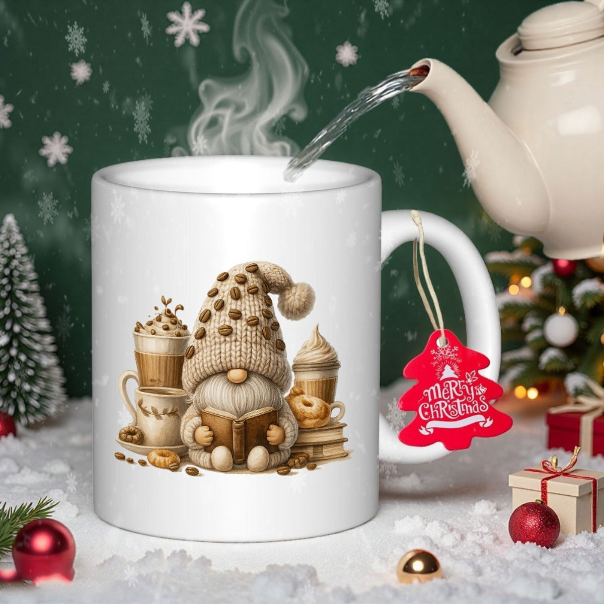 Tailorly White Ceramic 11 oz Mug - Merry Christmas Cozy Christmas Gnome Reading Book Among Warm Steaming Coffee Cups Gnome