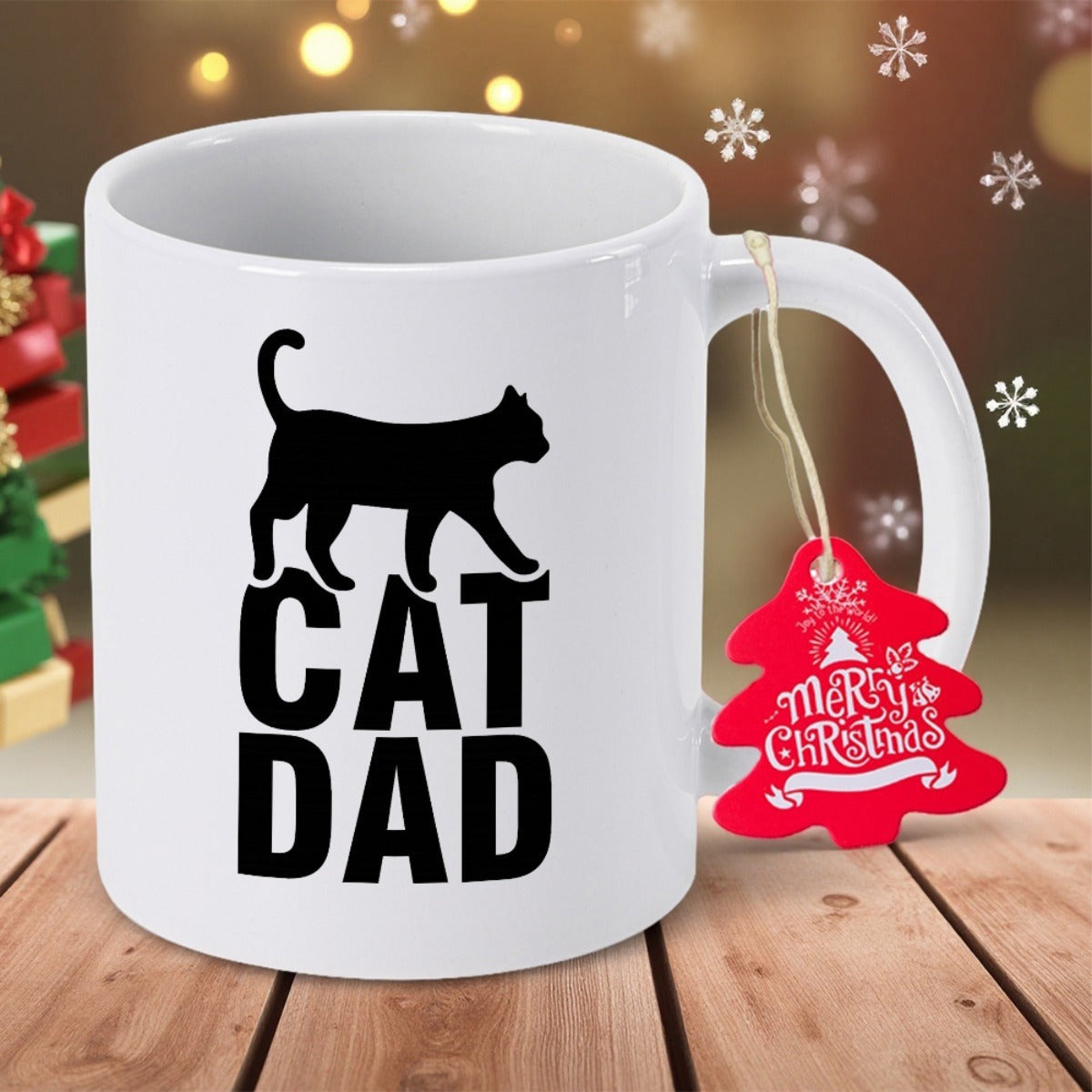 Tailorly White Ceramic 11 oz Mug - Cat Dad Silhouette Of A Feline Walking Above Bold Minimalist Lettering Cat