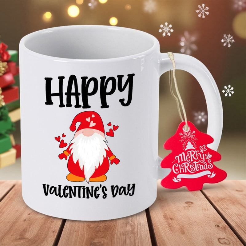 Tailorly White Ceramic 11 oz Mug - Happy Valentine's Day Cute Festive Nordic Character Surrounded By Tiny Hearts And Pointed Hat Gnome