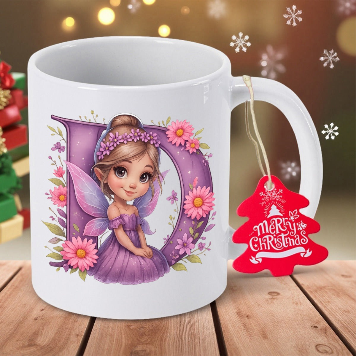 Tailorly White Ceramic 11 oz Mug - Merry Christmas D Enchanting Little Fairy With Purple Wings Nestled Inside Floral Letter Fairy