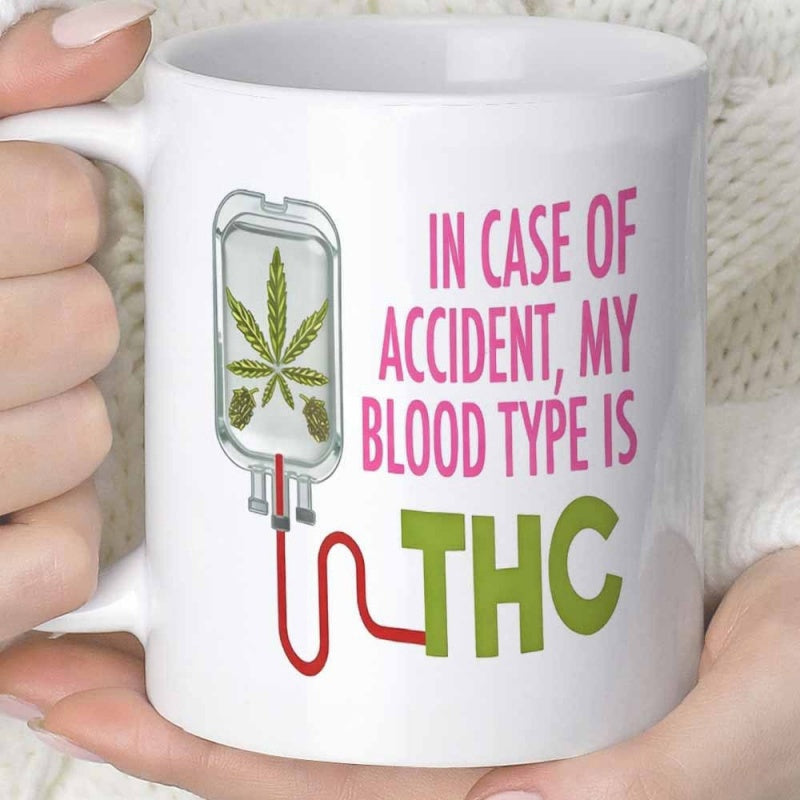 Tailorly White Ceramic 11 oz Mug - In Case Of Accident My Blood Type Is THC Transparent Medical Bag With Green Plant And Red Tube Leaf