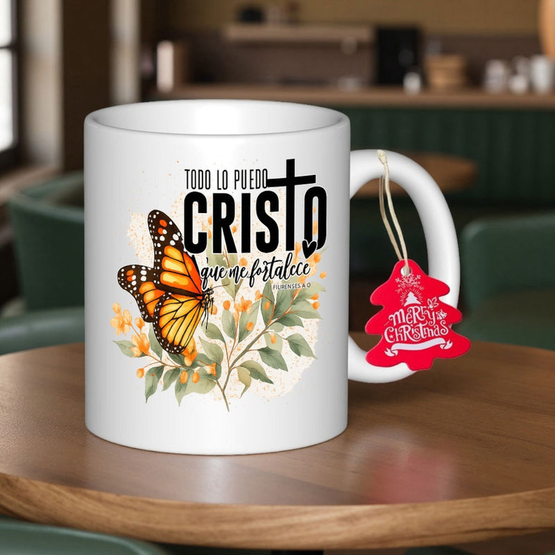 Tailorly White Ceramic 11 oz Mug - Merry Christmas Vibrant Monarch Butterfly Resting On Delicate Green Leaves And Small Flowers Butterfly