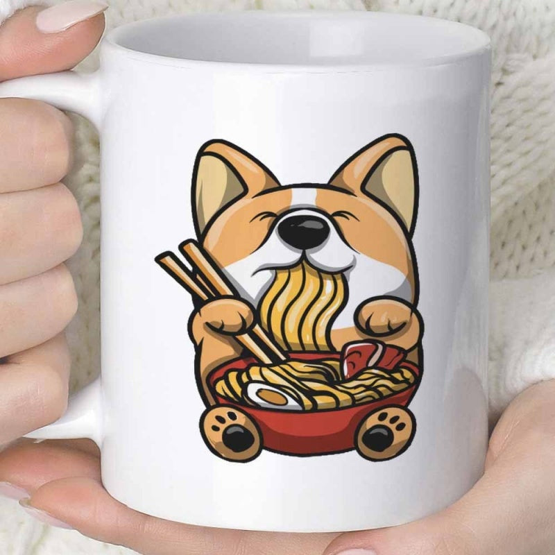 Tailorly White Ceramic 11 oz Mug - Adorable Cartoon Dog Eating Delicious Ramen From Red Bowl With Chopsticks Corgi