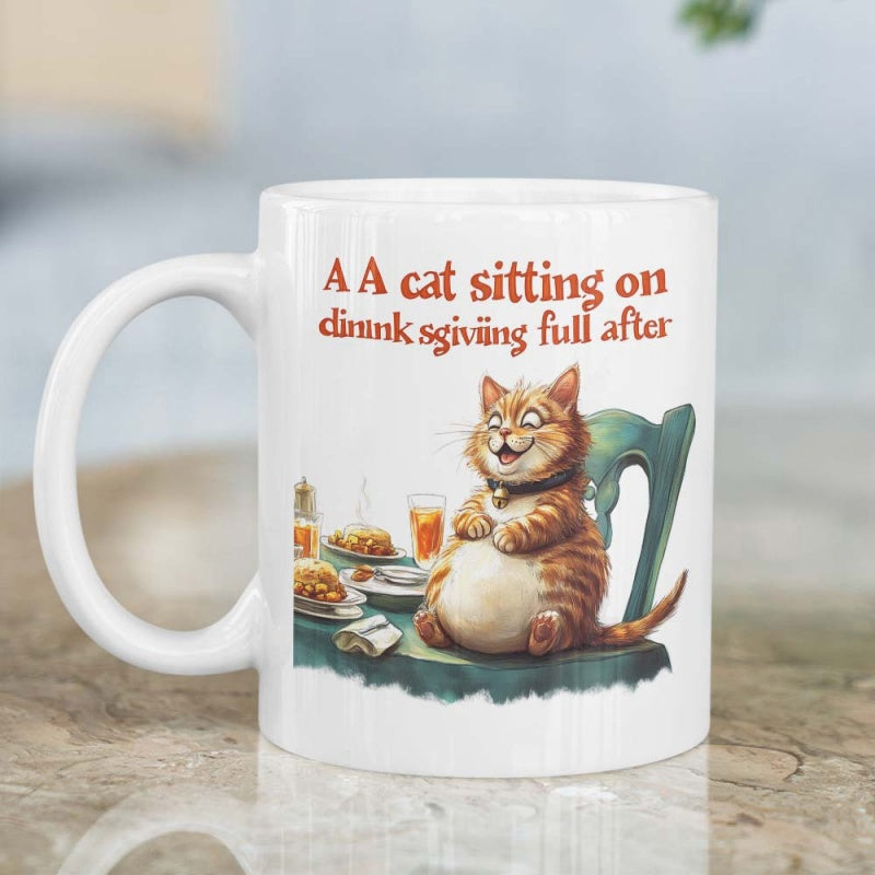 Tailorly White Ceramic 11 oz Mug - A Cat Sitting On Thanksgiving Full After Happy Orange Tabby Cat Sitting At Table With Thanksgiving Food Plates Cat