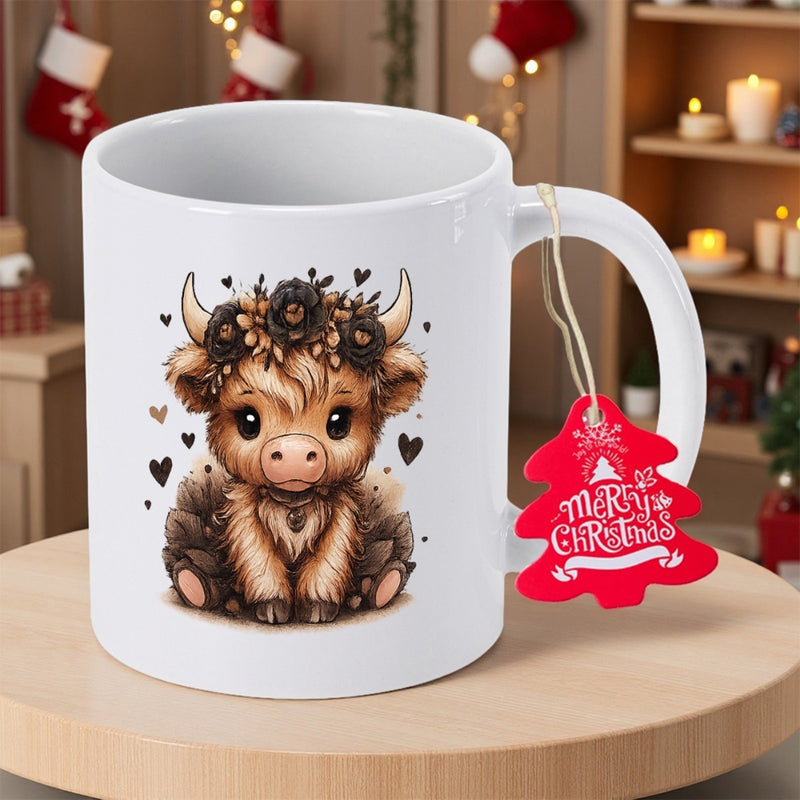 Tailorly White Ceramic 11 oz Mug - Merry Christmas Adorable Fluffy Highland Calf Wearing Dark Flower Crown Among Floating Hearts Cow