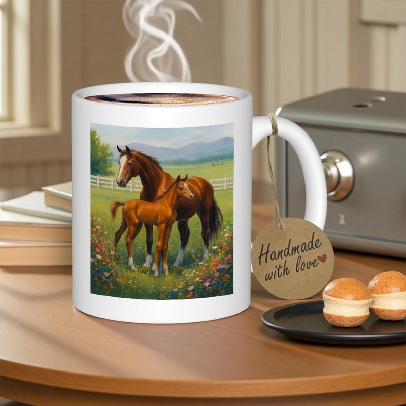 Tailorly White Ceramic 11 oz Mug - Handmade With Love Majestic Mare And Foal Standing In Sunlit Wildflower Meadow Under Mountains Horse