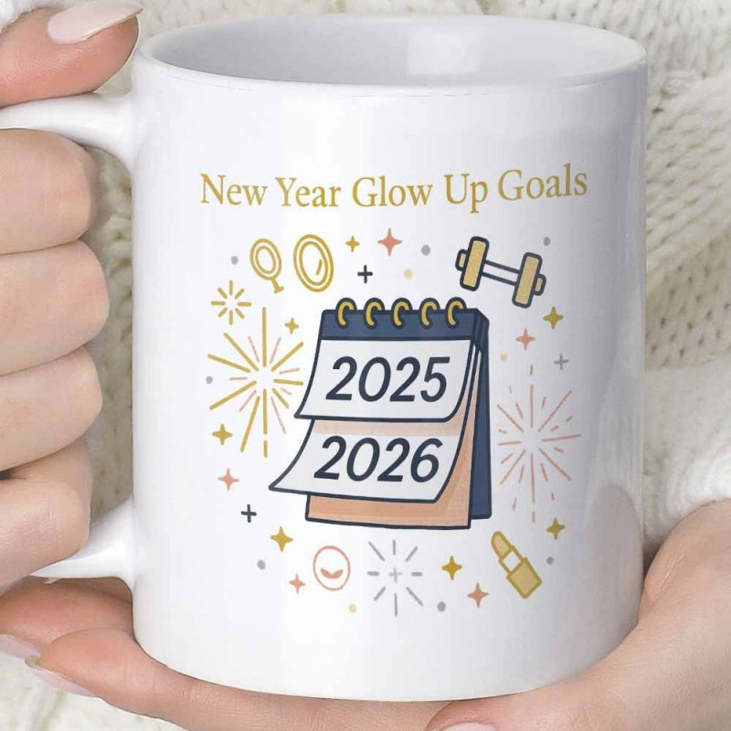 Tailorly White Ceramic 11 oz Mug - New Year Glow Up Goals 2025 2026 Flipping Calendar Among Sparkling Fireworks And Lifestyle Icons Mug