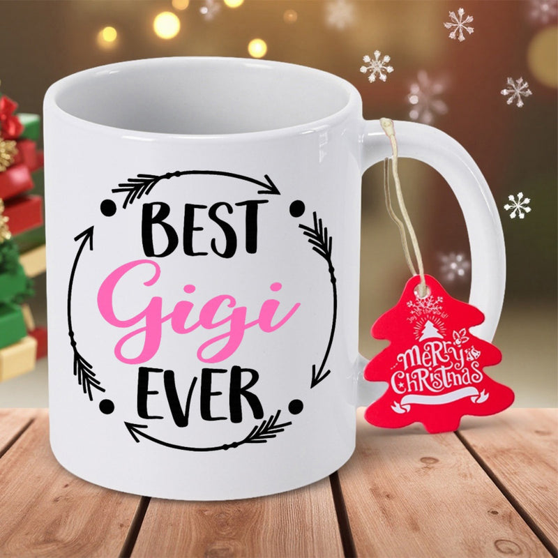 Tailorly White Ceramic 11 oz Mug - Best Gigi Ever Circular Arrow Frame Surrounding Cute Pink Script Text On