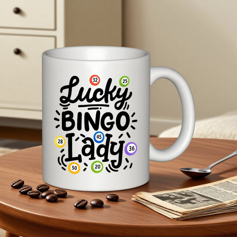 Tailorly White Ceramic 11 oz Mug - Lucky Bingo Lady Vibrant Numbered Gaming Spheres Surrounded By Playful Artistic Flourishes Bingo Ball