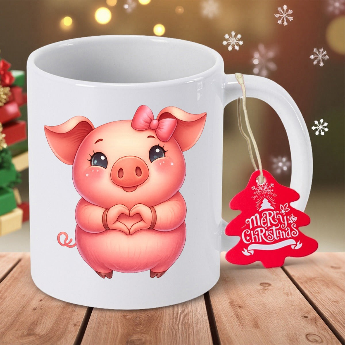 Tailorly White Ceramic 11 oz Mug - Merry Christmas Adorable Pink Little Pig Wearing Bow Making Heart Shape Gesture Pig
