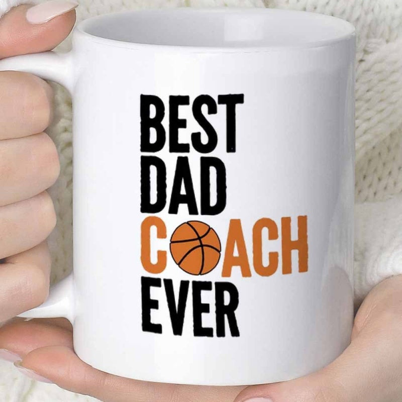 Tailorly White Ceramic 11 oz Mug - Best Dad Coach Ever Distressed Bold Black And Vibrant Orange Typography Featuring A Simple Basketball