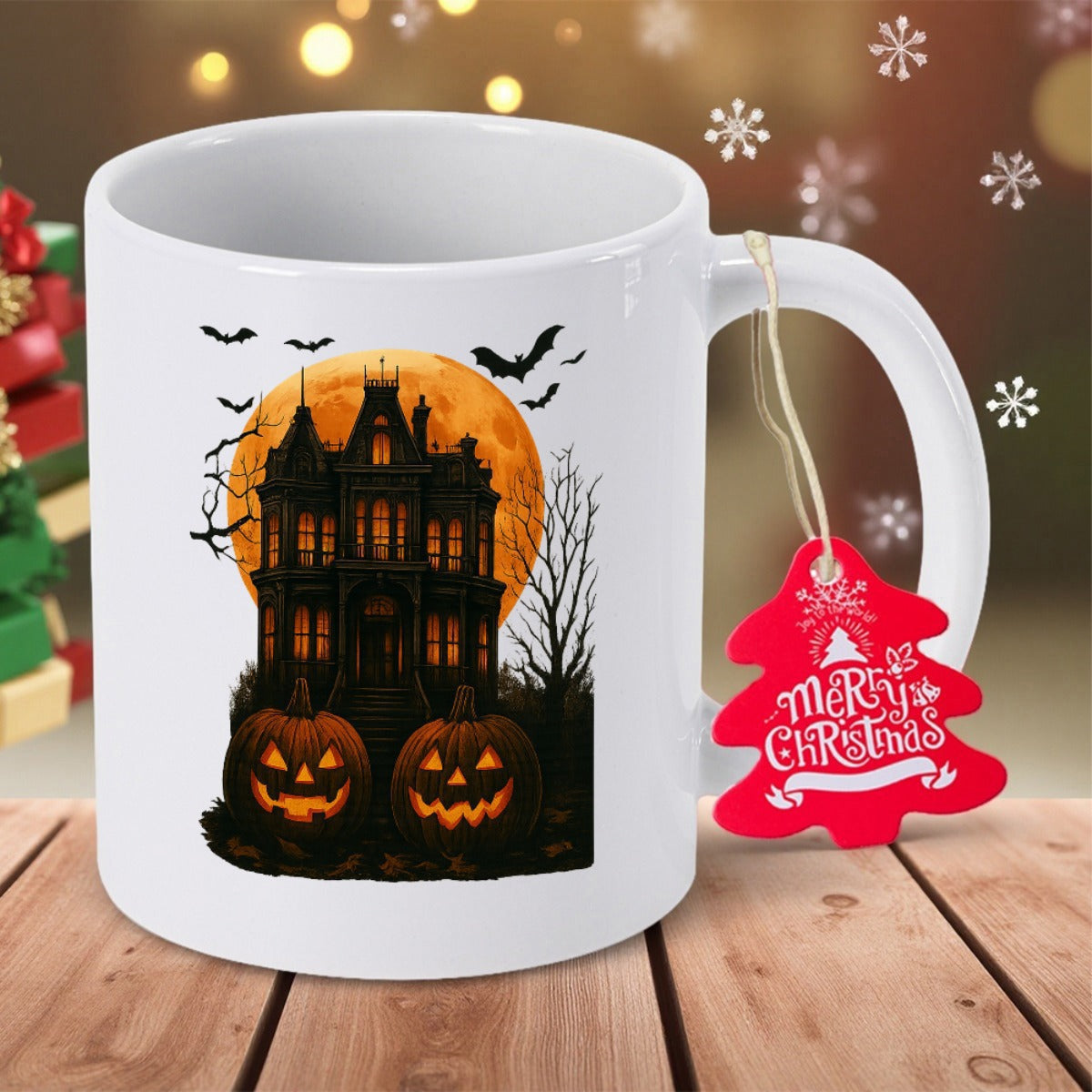Tailorly White Ceramic 11 oz Mug - Merry Christmas Spooky Haunted Mansion Under Glowing Full Moon With Bats And Pumpkins House
