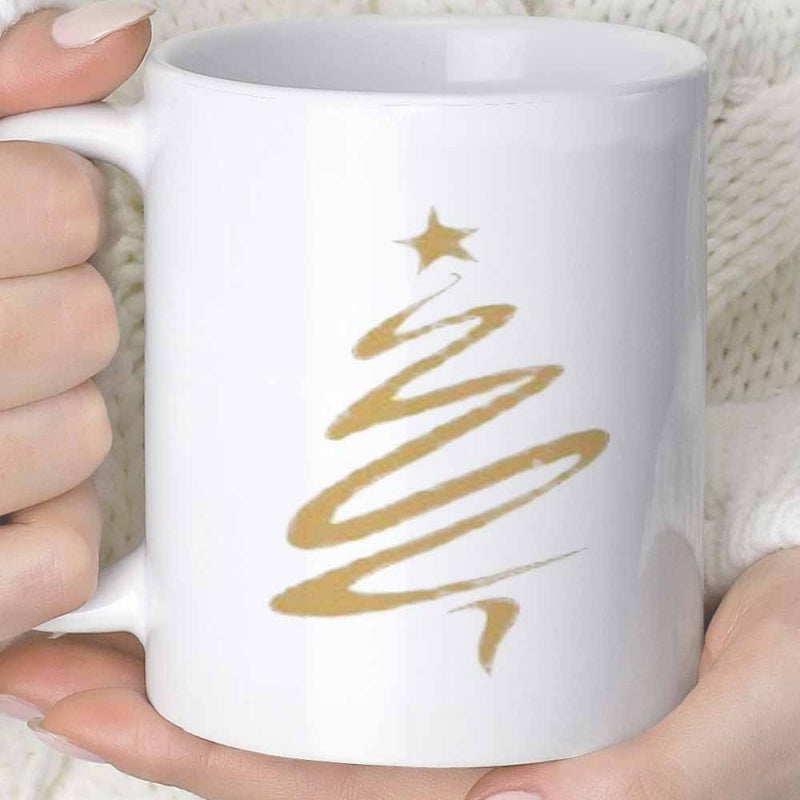 Tailorly White Ceramic 11 oz Mug - Minimalist Golden Hand Drawn Swirl Design With Shining Star Christmas Tree