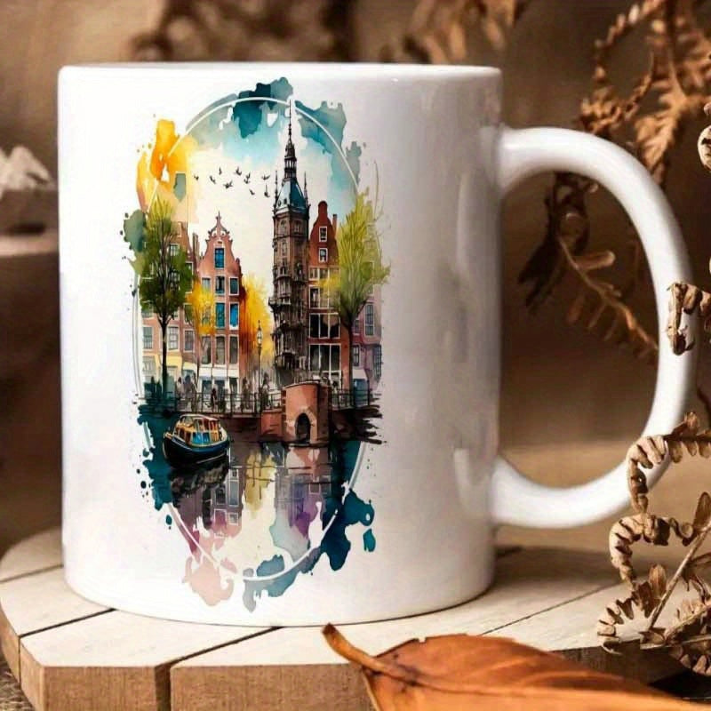 Tailorly White Ceramic 11 oz Mug - Artistic Watercolor Canal City With Historic Architecture And Reflections Landscape
