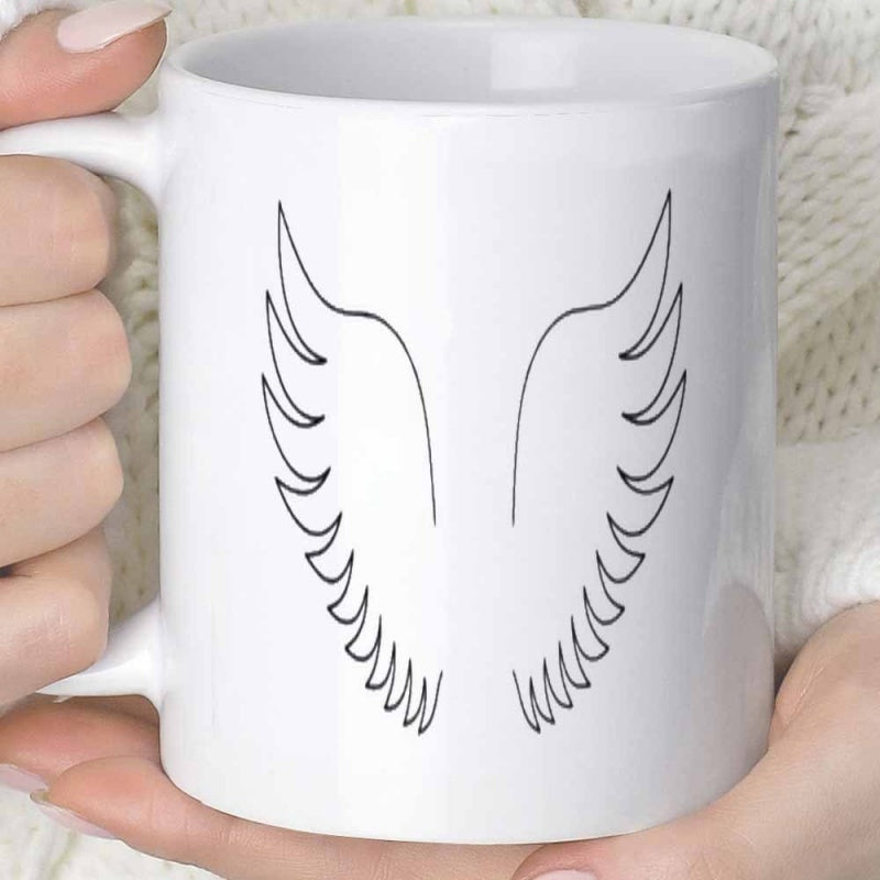 Tailorly White Ceramic 11 oz Mug - Minimalist Black Line Art Style Representing Freedom And Graceful Angelic Wings