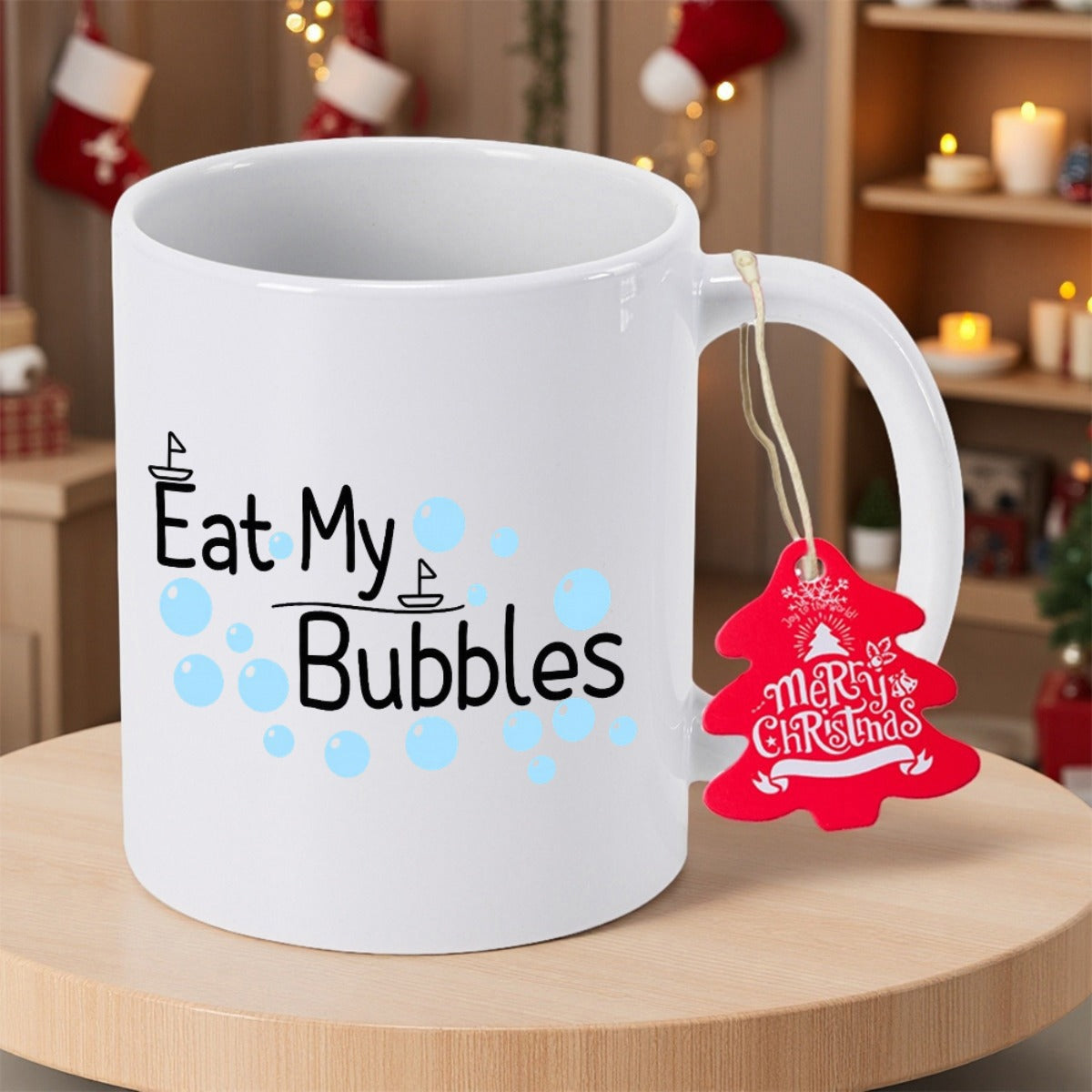 Tailorly White Ceramic 11 oz Mug - Eat My Bubbles Floating Light Blue Circular Bubbles And Small Minimalist Sailboat