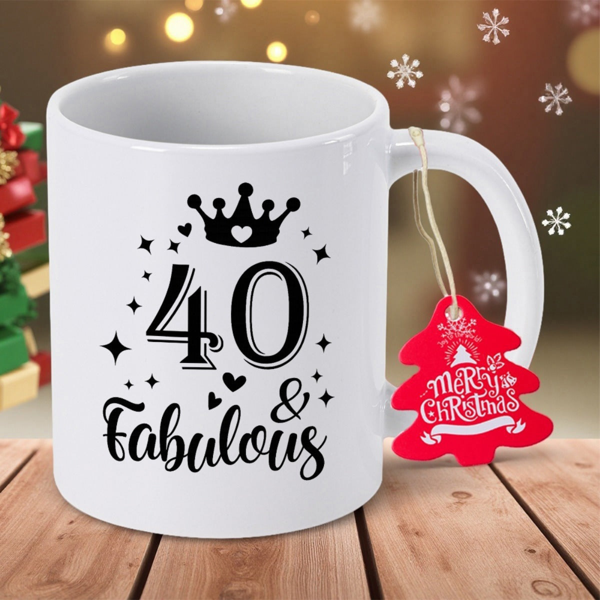 Tailorly White Ceramic 11 oz Mug - 40 And Fabulous Elegant Black Silhouette Featuring Sparkling Stars And Decorative Tiny Hearts Royal Crown