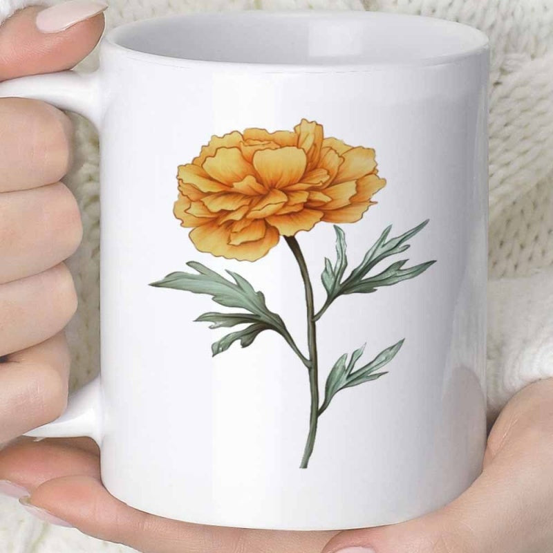 Tailorly White Ceramic 11 oz Mug - Vibrant Yellow Petals With Elegant Green Stem And Leaves Marigold