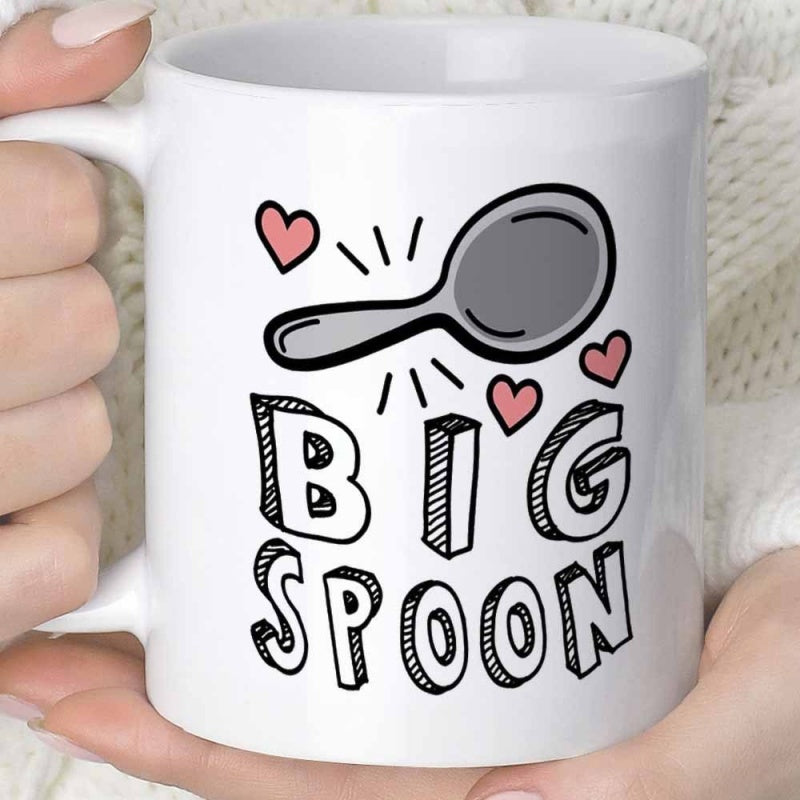 Tailorly White Ceramic 11 oz Mug - Big Spoon Simple Hand Drawn Style With Small Pink Hearts And Large Spoon