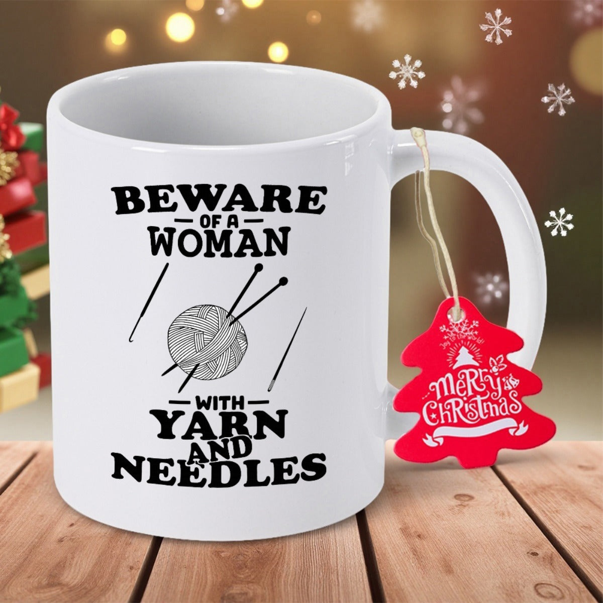 Tailorly White Ceramic 11 oz Mug - Beware Of A Woman With Yarn And Needles Simple Hand Drawn Ball Of Thread With Three Pointed Needles Yarn