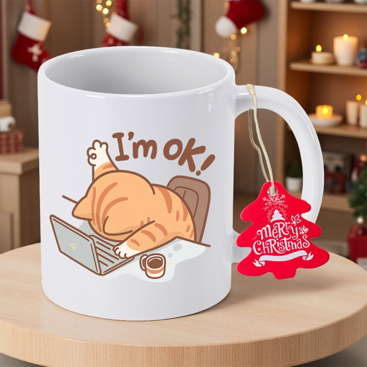 Tailorly White Ceramic 11 oz Mug - Im Ok Tired Orange Tabby Cat Working On Laptop Beside Hot Coffee Cat