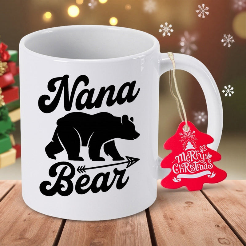 Tailorly White Ceramic 11 oz Mug - Nana Bear Merry Christmas Walking Black Grizzly Silhouette Over A Tribal Arrow Bear