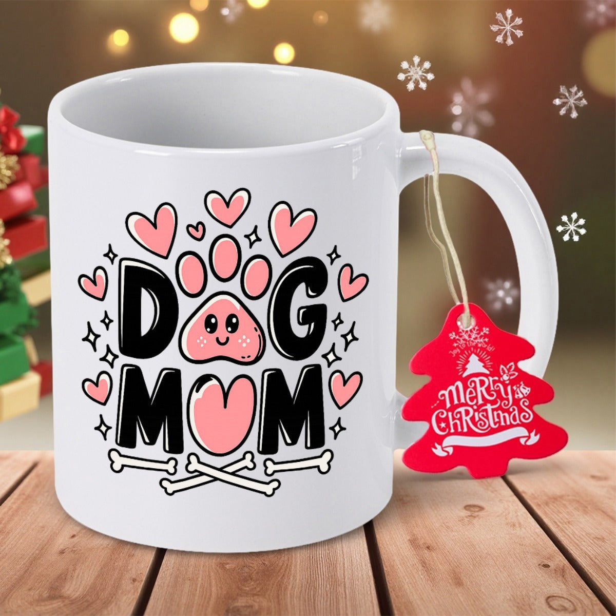 Tailorly White Ceramic 11 oz Mug - Dog Mom Cute Pink Hearts And Bones Surrounding A Smiling Paw Print Mug
