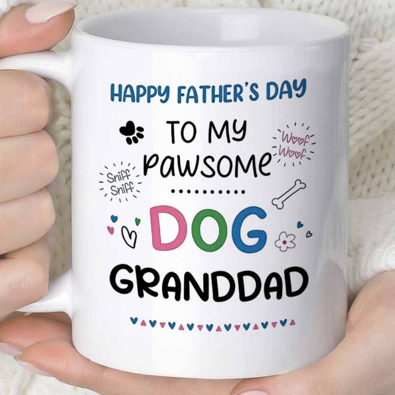 Tailorly White Ceramic 11 oz Mug - Happy Father's Day To My Pawsome Dog Granddad Sniff Sniff Woof Woof Playful Decorative Elements With Tiny Paw Prints And