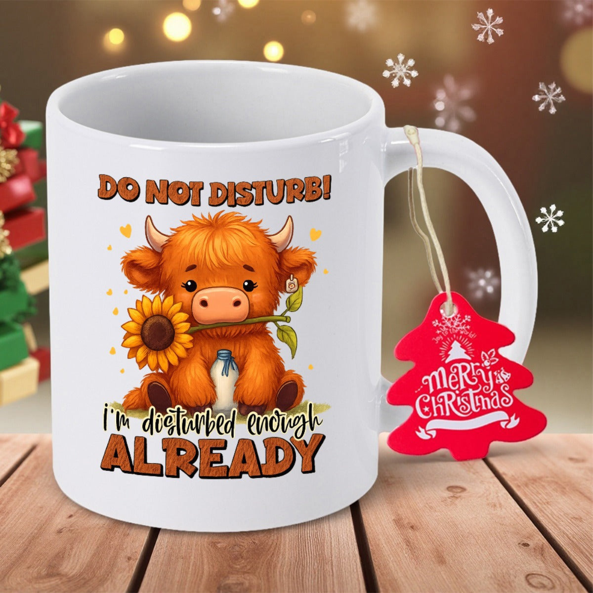 Tailorly White Ceramic 11 oz Mug - Do Not Disturb Im Disturbed Enough Already Adorable Fluffy Orange Highland Calf Holding A Bright Yellow Sunflower Cow