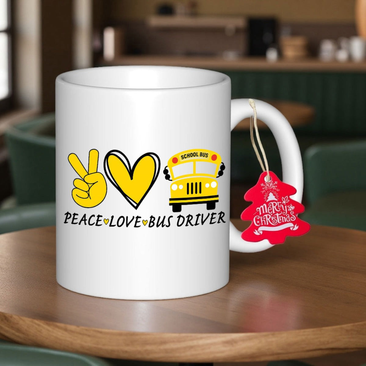 Tailorly White Ceramic 11 oz Mug - Peace Love Bus Driver Vibrant Yellow Icons Highlighting Daily Commute And Safety Transport Mug