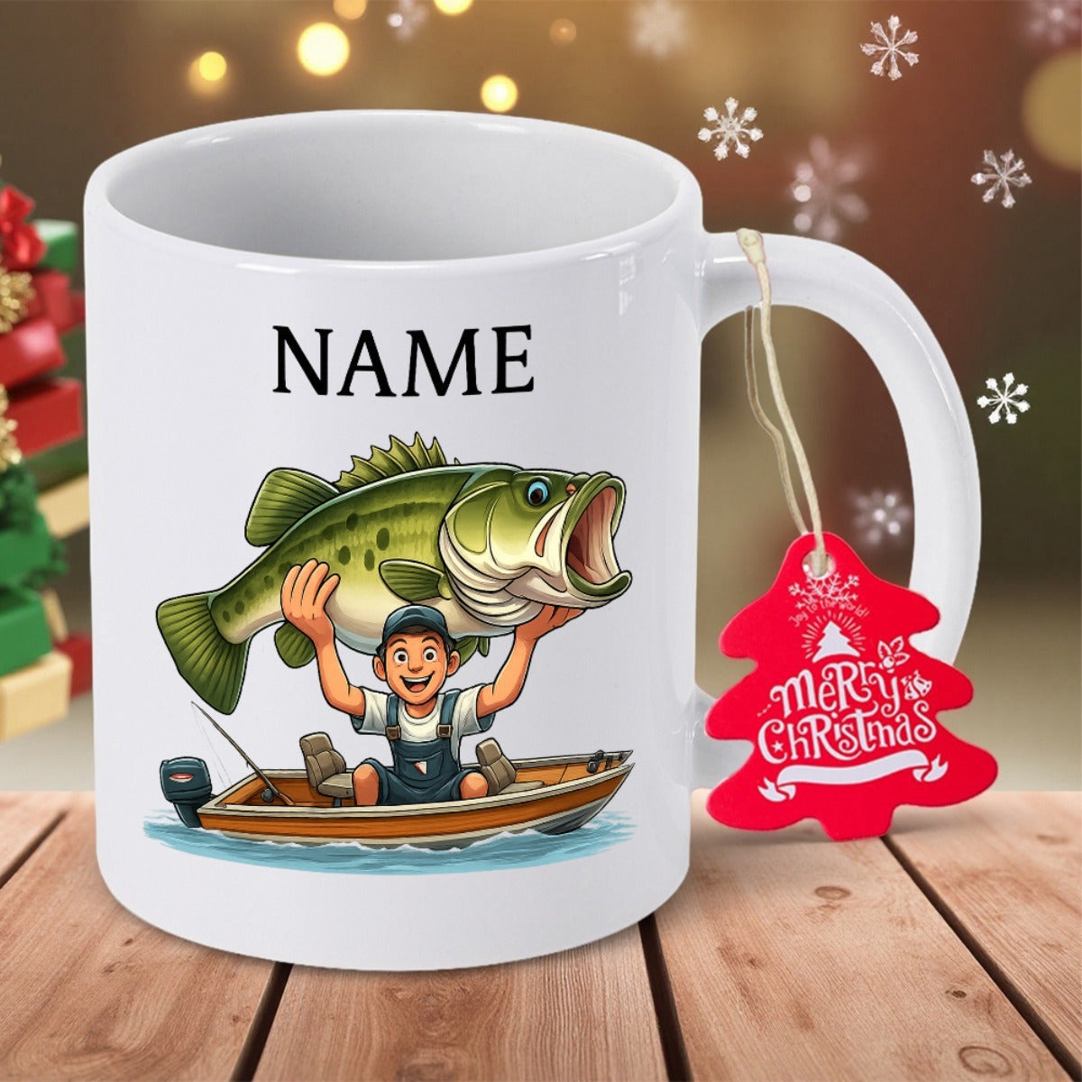 Tailorly White Ceramic 11 oz Mug - Name Happy Fisherman In A Boat Holding A Prize Winning Largemouth Bass