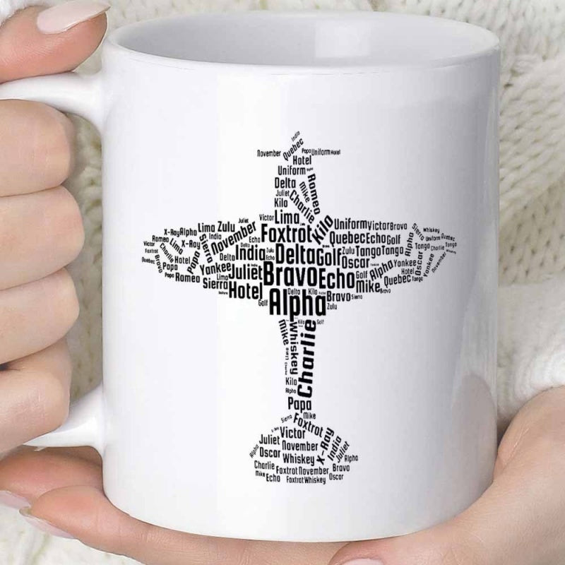 Tailorly White Ceramic 11 oz Mug - Alpha Bravo Charlie Minimalist Aviation Word Cloud Forming A Classic Propeller Driven Vintage Airplane