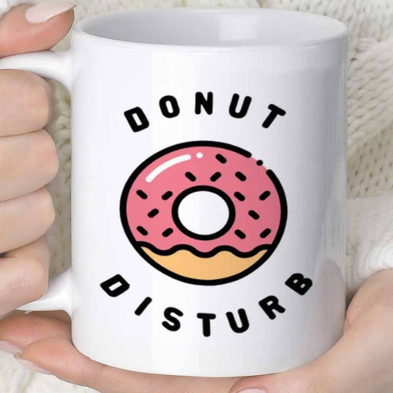 Tailorly White Ceramic 11 oz Mug - Donut Disturb Sweet Pink Glazed Pastry With Chocolate Sprinkles And Minimalist Vector Style Donut