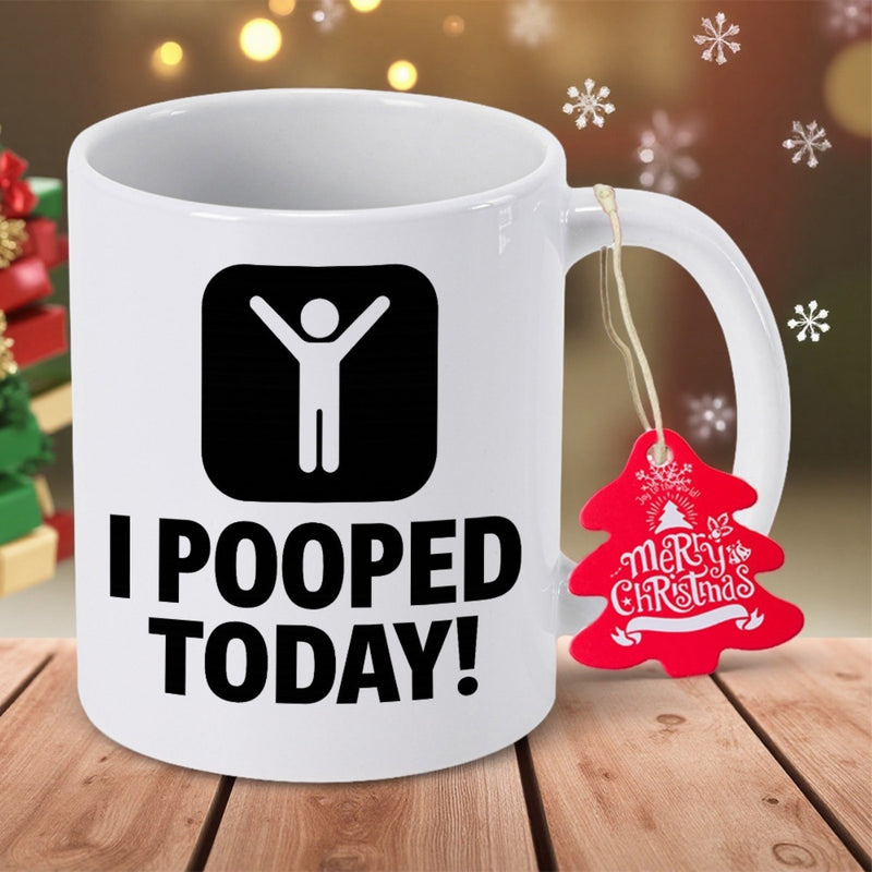 Tailorly White Ceramic 11 oz Mug - I Pooped Today Celebratory Human Figure Icon With Arms Raised High In Victory Silhouette