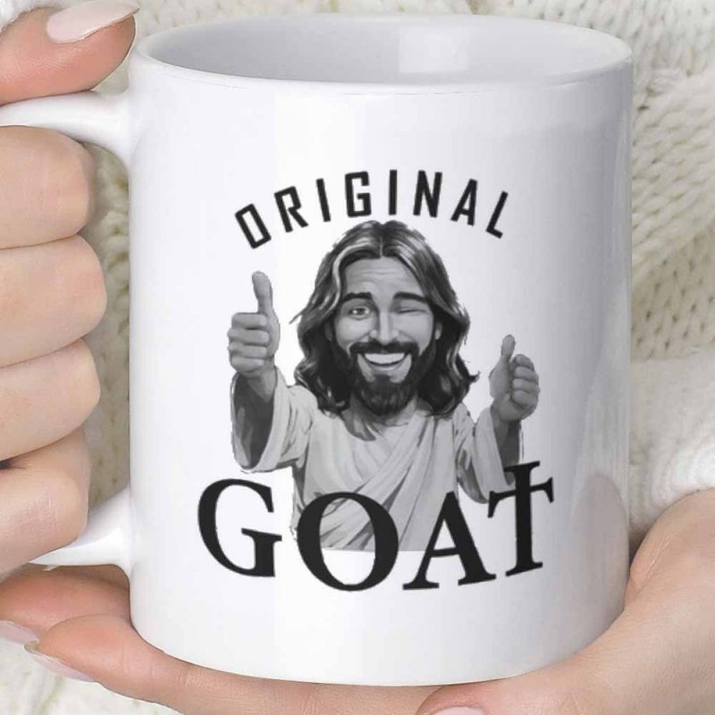 Tailorly White Ceramic 11 oz Mug - Original Goat Smiling Religious Figure Giving Two Thumbs Up With A Winking Expression Character