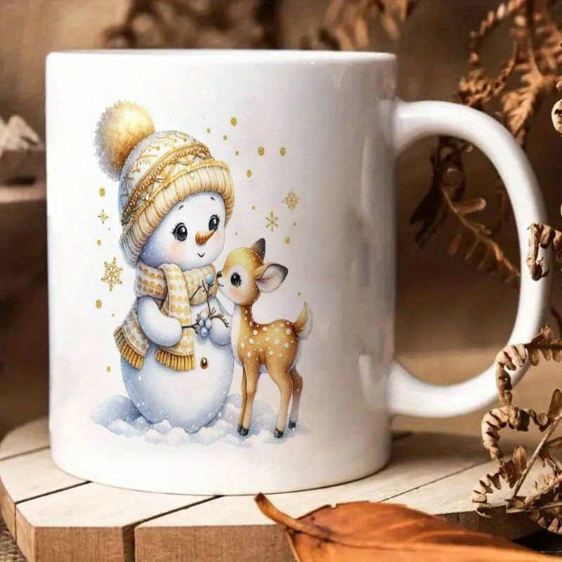 Tailorly White Ceramic 11 oz Mug - Adorable Snowman Wearing Knitted Hat And Scarf Beside Cute Spotted Forest Deer