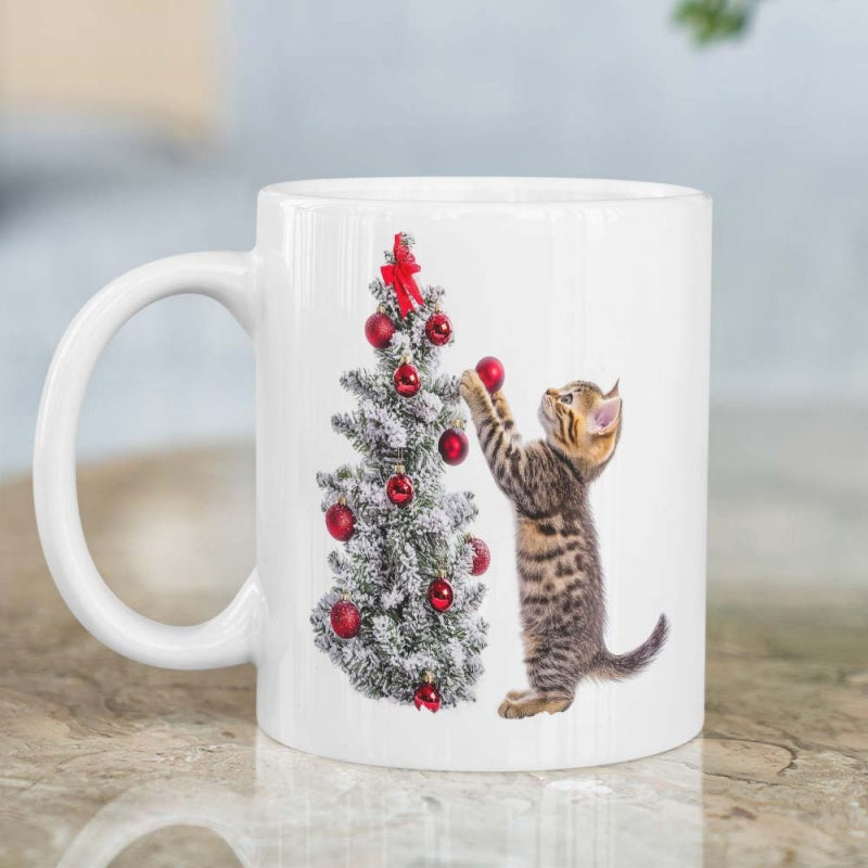 Tailorly White Ceramic 11 oz Mug - Adorable Tabby Kitten Reaching For Red Ornaments On Snowy Christmas Tree Cat