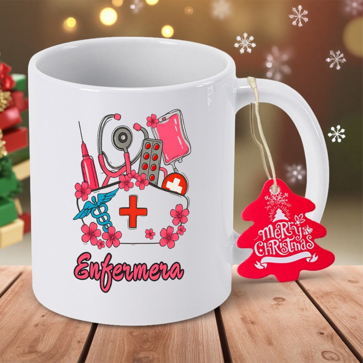 Tailorly White Ceramic 11 oz Mug - Artistic Healthcare Equipment With Pink Flowers And Red Nurse Hat Ceramic Mug